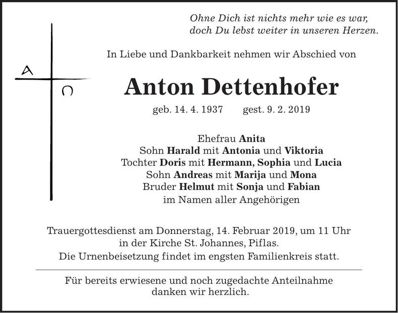 Traueranzeige Anton Dettenhofer
