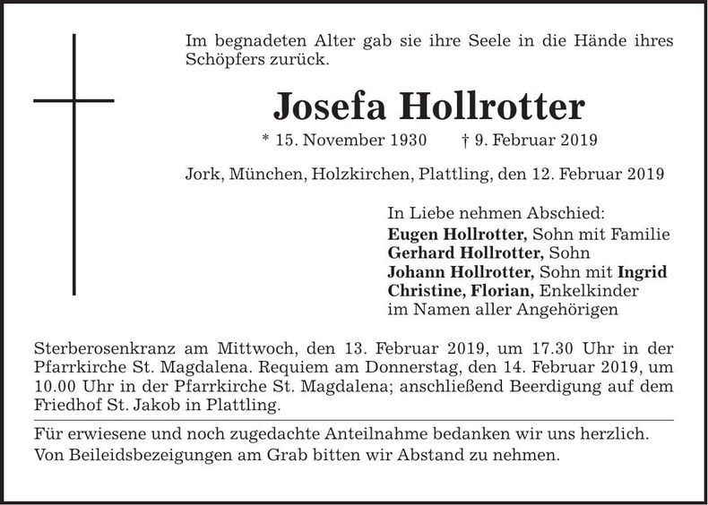 Traueranzeige Josefa Hollrotter