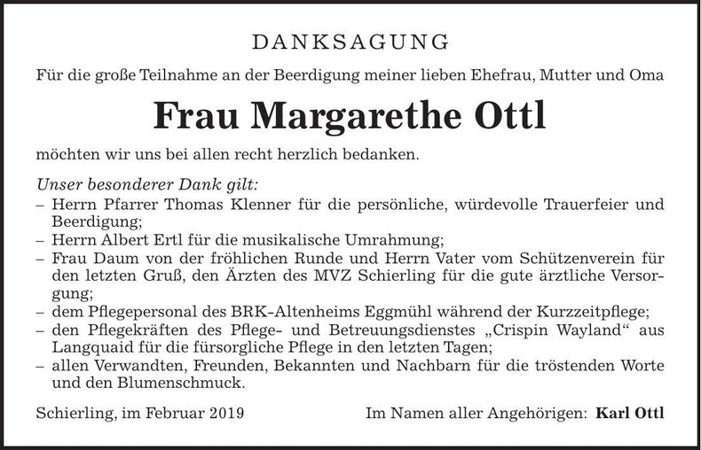 Traueranzeige Margarethe Ottl
