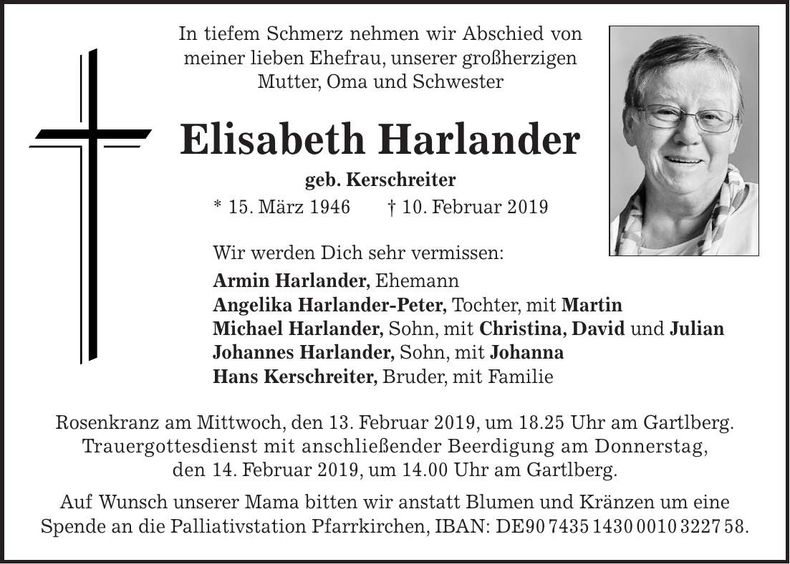 Traueranzeige Elisabeth Harlander