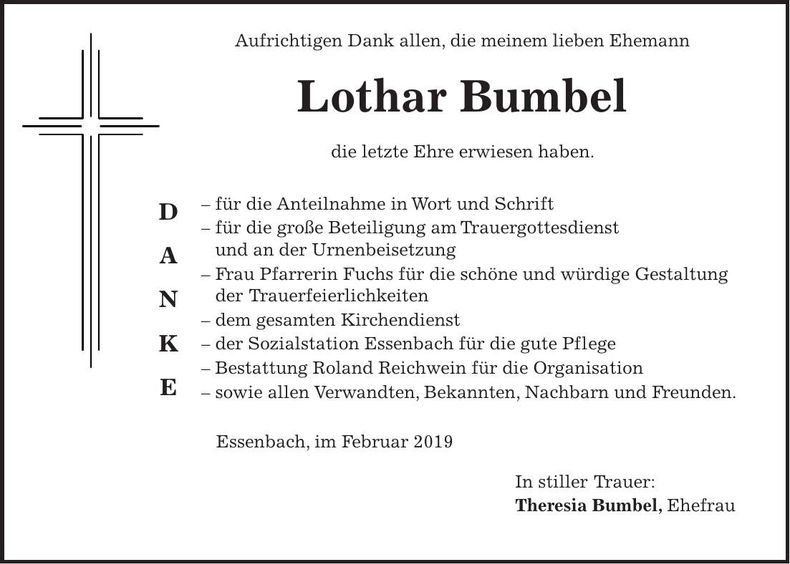 Traueranzeige Lothar Bumbel