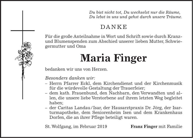 Traueranzeige Maria Finger