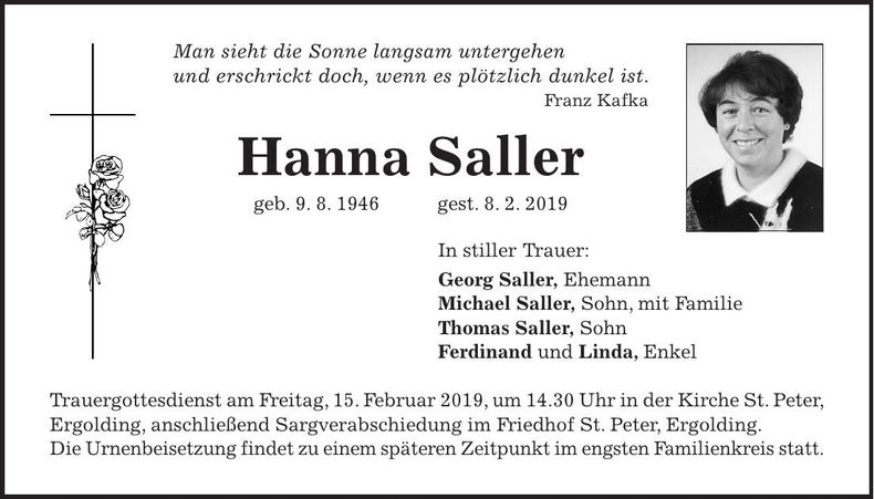 Traueranzeige Hanna Saller