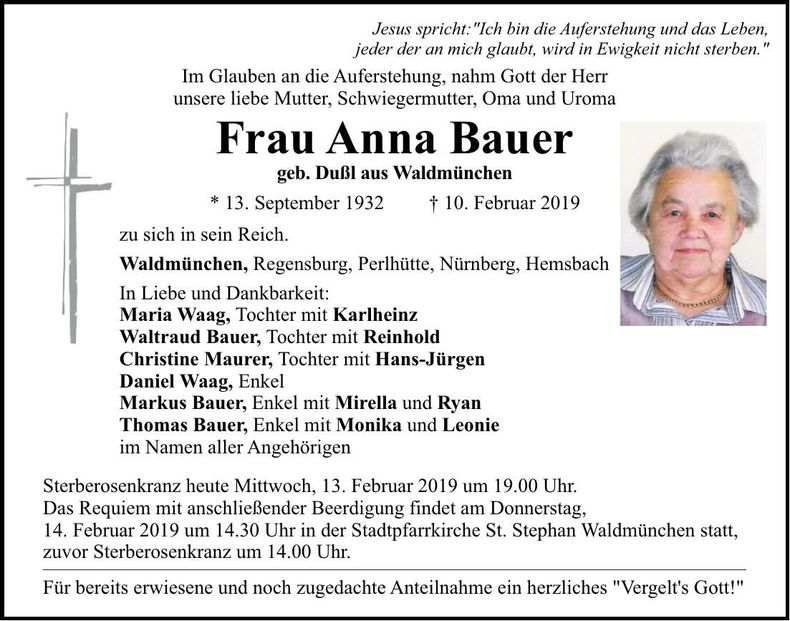 Traueranzeige Anna Bauer