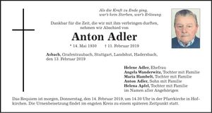 Traueranzeige Anton Adler
