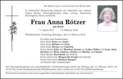 Traueranzeige Anna Rötzer