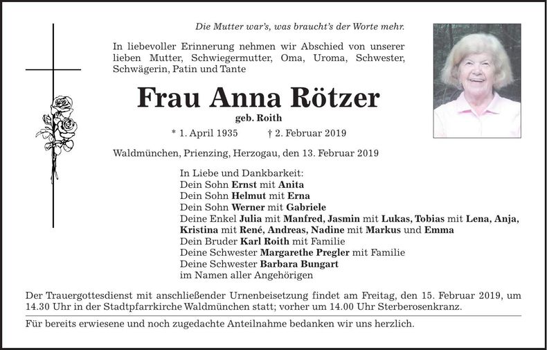 Traueranzeige Anna Rötzer