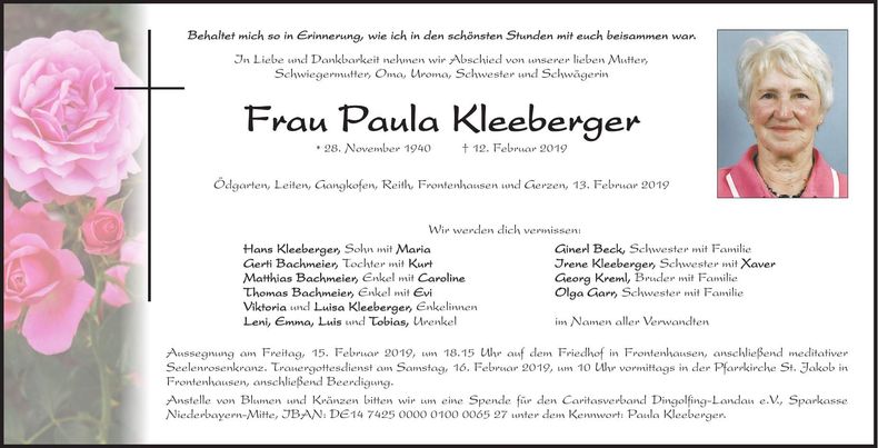 Traueranzeige Paula Kleeberger