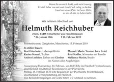 Traueranzeige Helmuth Reichhuber