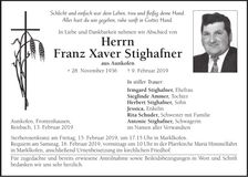 Traueranzeige Franz Xaver Stighafner