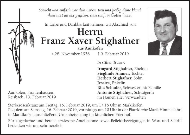 Traueranzeige Franz Xaver Stighafner