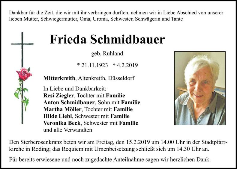 Traueranzeige Frieda Schmidbauer