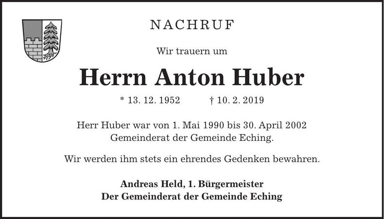 Traueranzeige Anton Huber