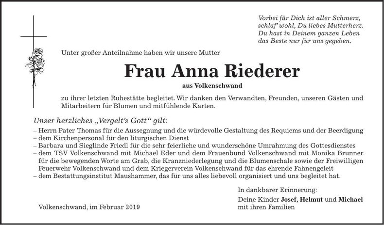 Traueranzeige Anna Riederer