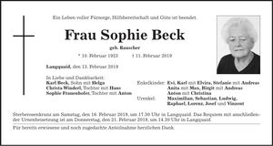 Traueranzeige Sophie Beck