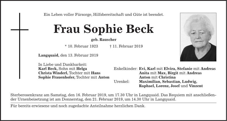 Traueranzeige Sophie Beck