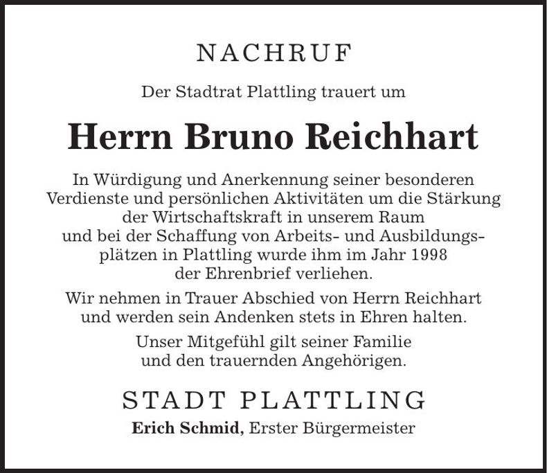 Traueranzeige Bruno Reichhart