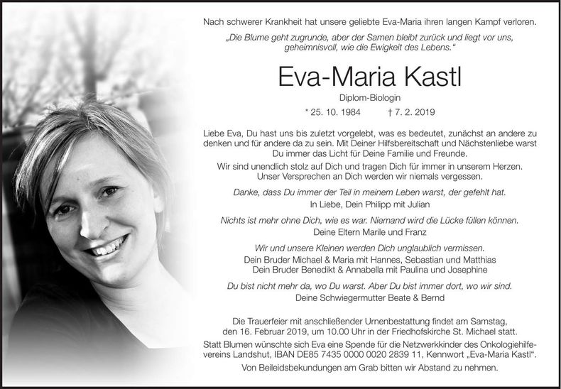 Traueranzeige Eva-Maria Kastl