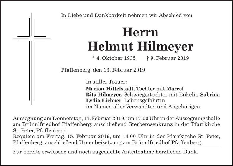 Traueranzeige Helmut Hilmeyer