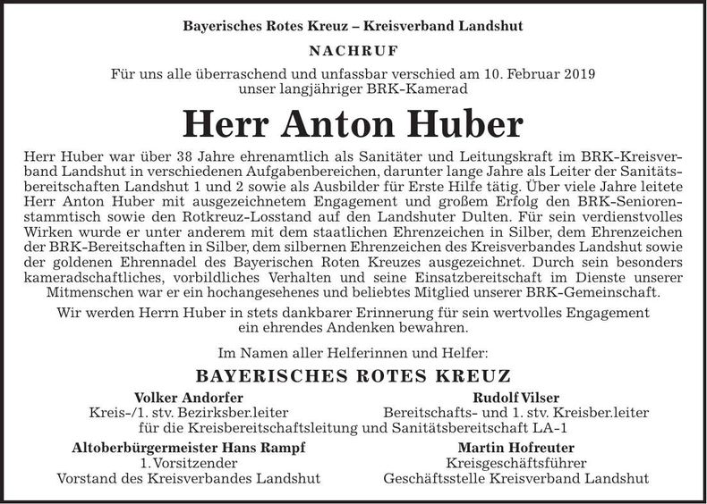 Traueranzeige Anton Huber