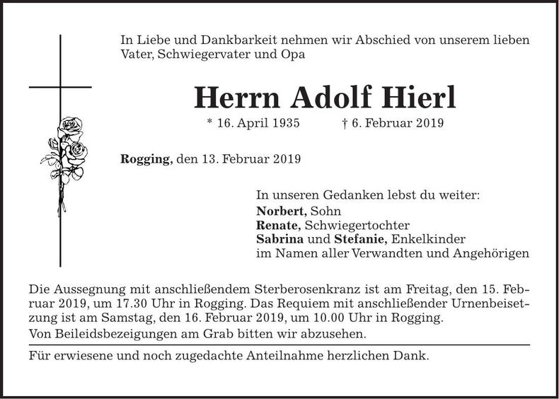 Traueranzeige Adolf Hierl