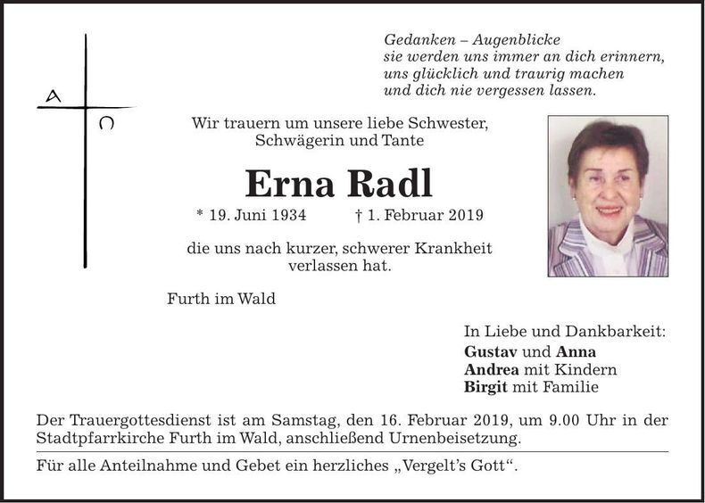 Traueranzeige Erna Radl