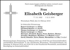 Traueranzeige Elisabeth Geisberger