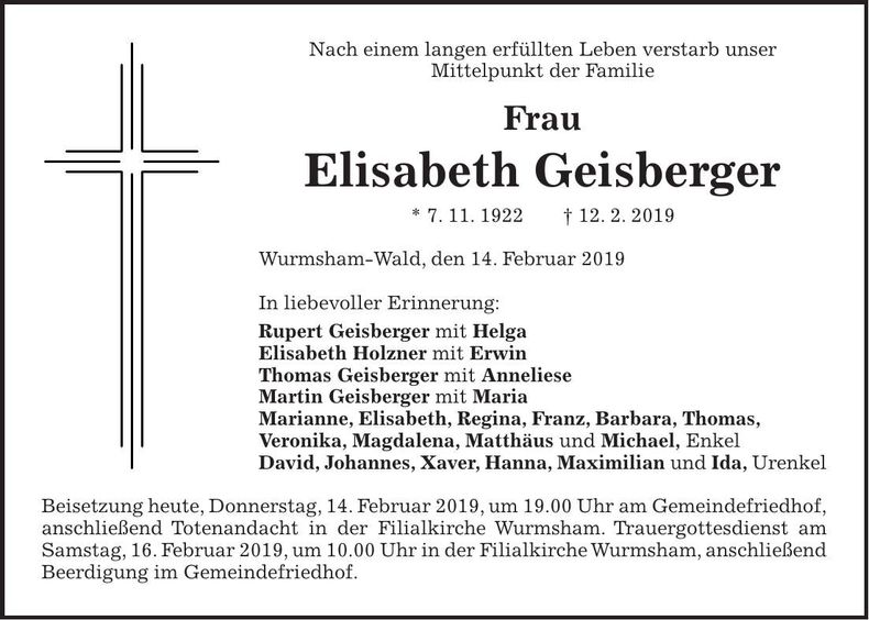 Traueranzeige Elisabeth Geisberger