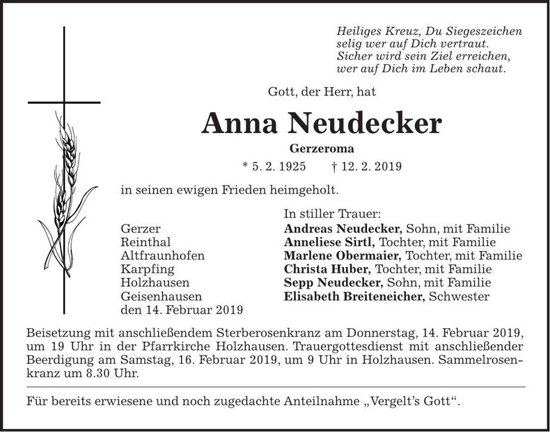 Traueranzeige Anna Neudecker