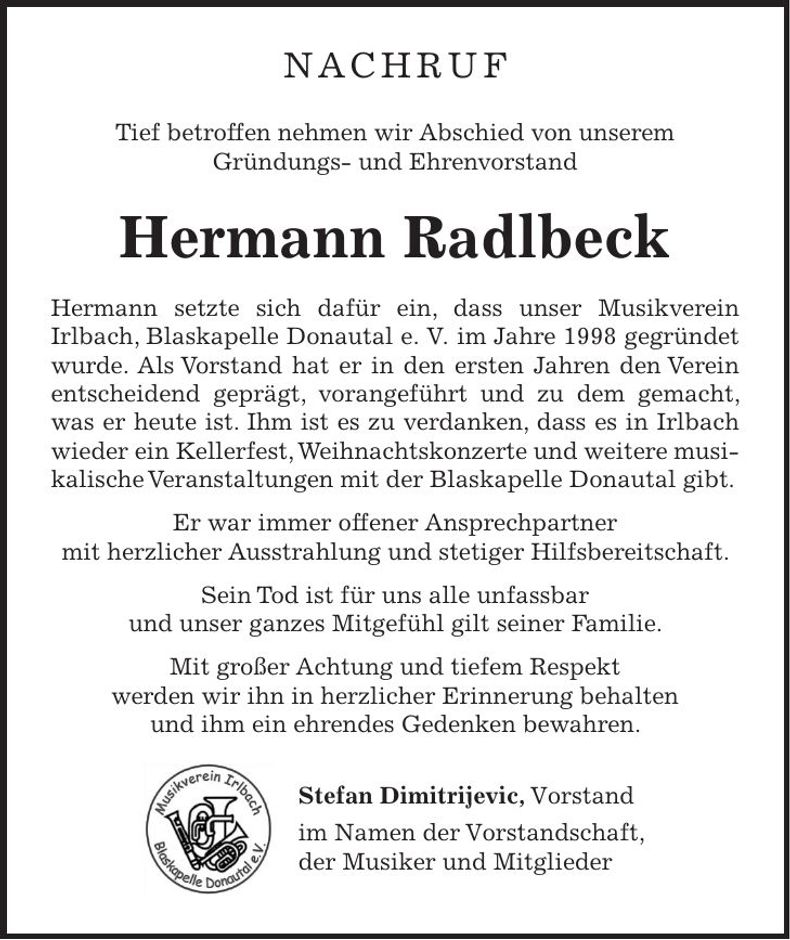 Traueranzeige Hermann Radlbeck
