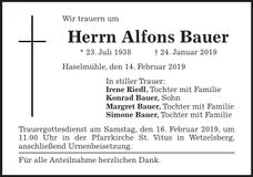 Traueranzeige Alfons Bauer