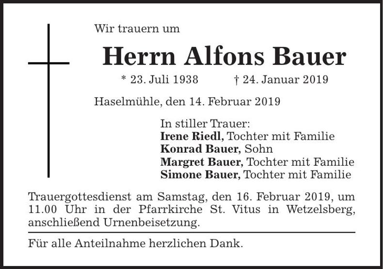 Traueranzeige Alfons Bauer