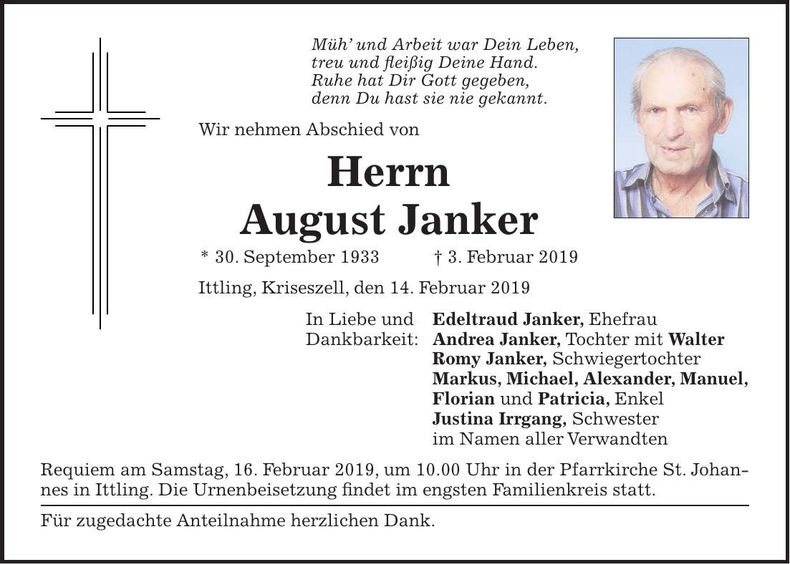 Traueranzeige August Janker
