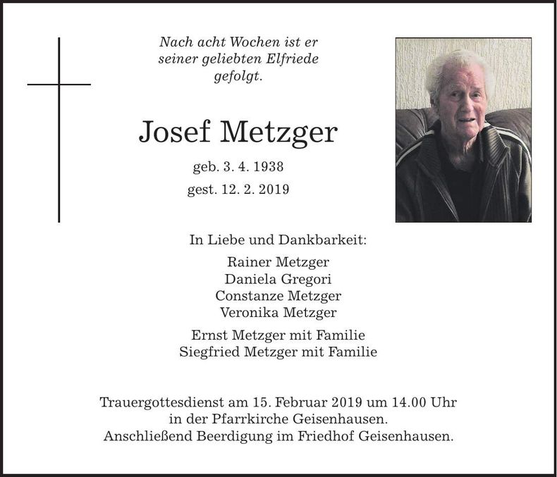 Traueranzeige Josef Metzger