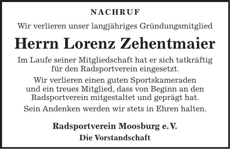 Traueranzeige Zehentmaier Lorenz