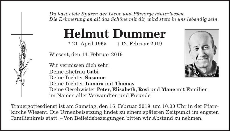 Traueranzeige Helmut Dummer