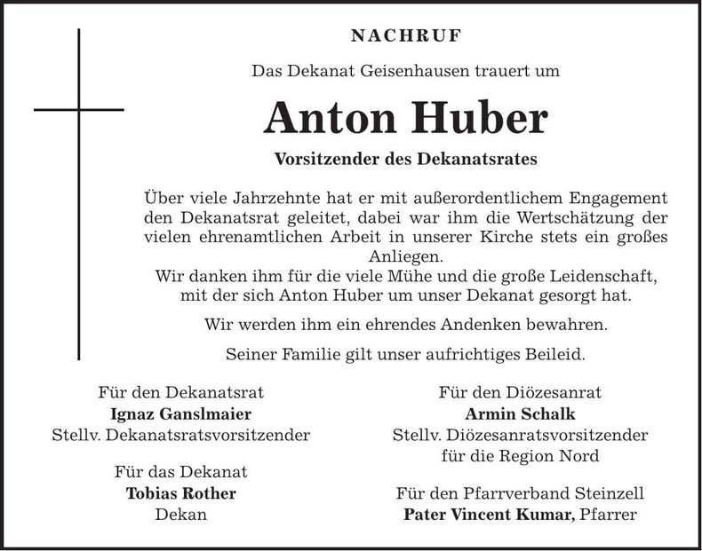 Traueranzeige Anton Huber