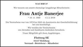 Traueranzeige Antje Banerjee
