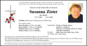 Traueranzeige Susanna Zister