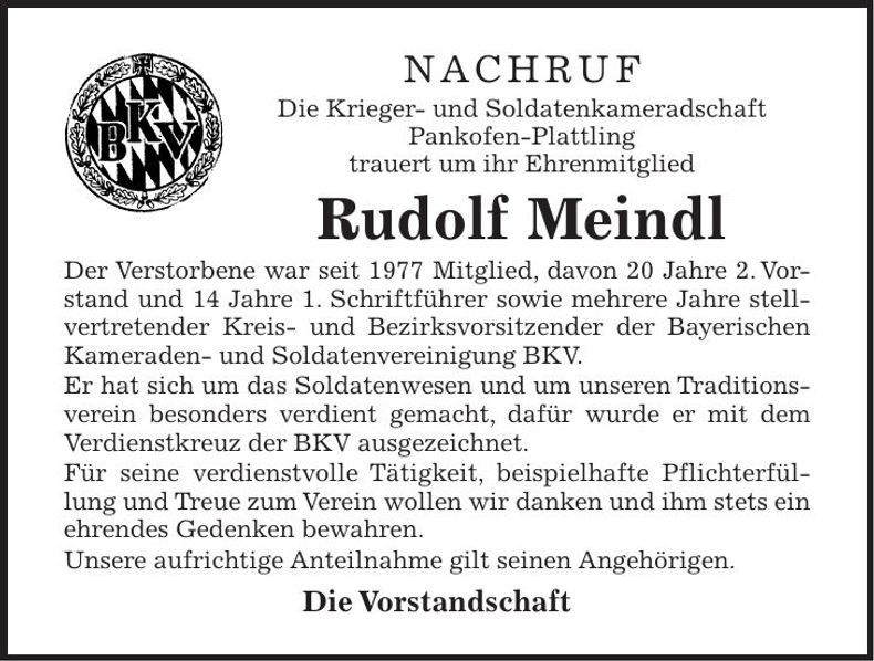 Traueranzeige Rudolf Meindl