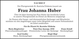 Traueranzeige Johanna Huber
