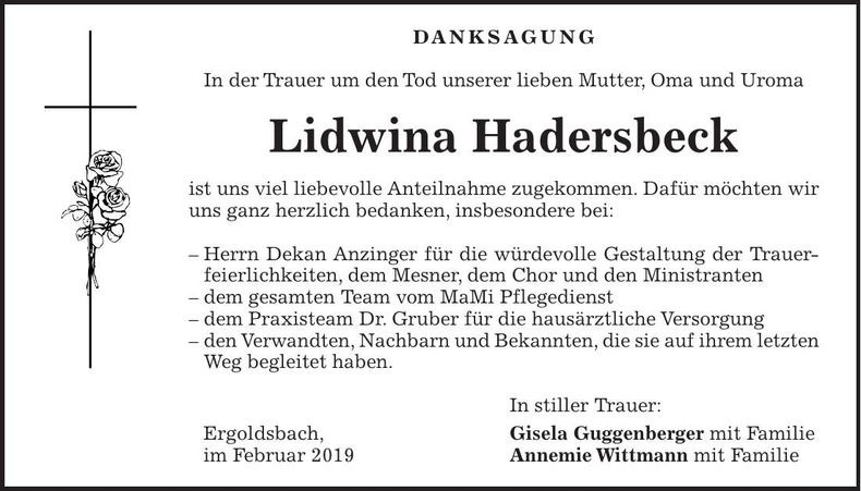 Traueranzeige Lidwina Hadersbeck