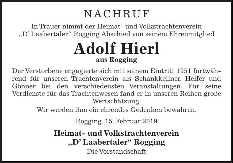 Traueranzeige Adolf Hierl