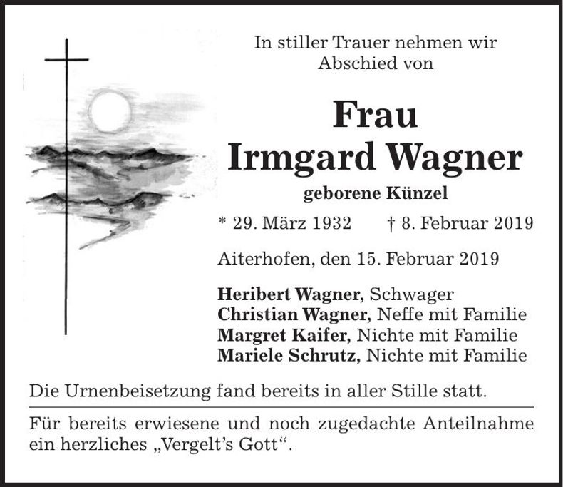 Traueranzeige Irmgard Wagner