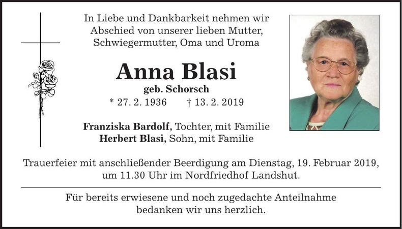 Traueranzeige Anna Blasi