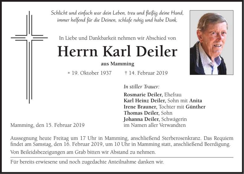 Traueranzeige Karl Deiler