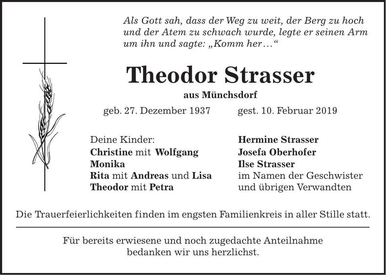 Traueranzeige Theodor Strasser