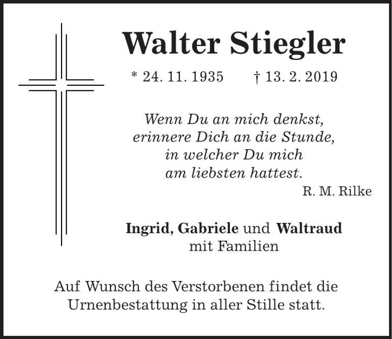 Traueranzeige Walter Stiegler