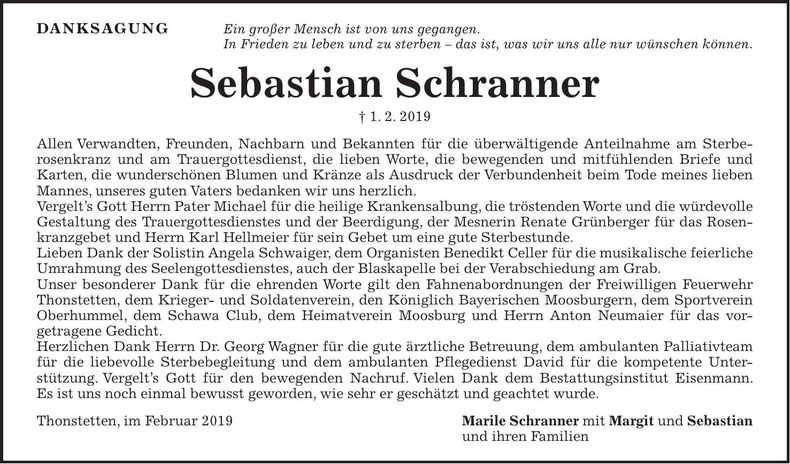Traueranzeige Sebastian Schranner