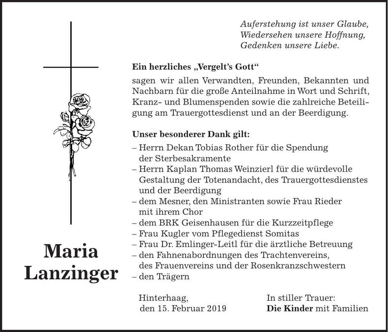 Traueranzeige Maria Lanzinger